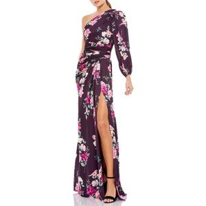 NWOT Ieena for Mac Duggal Plum Floral Print One-Shoulder One Sleeve Gown, Small